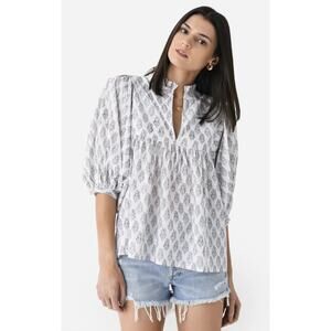 Sur La Vague Women's Puff Sleeve Flowy Ruffle Neck Floral‎ Blouse Blue Pink